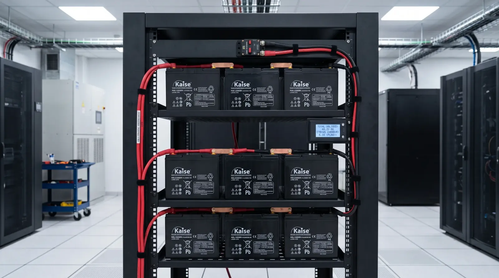 Banco de baterías AGM de 12V conectadas en serie dentro de un gabinete de UPS