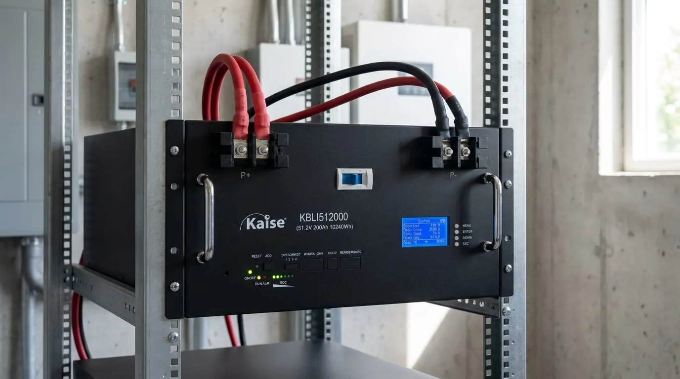 Banco de baterías de litio LiFePO4 Kaise instalado en gabinete de respaldo