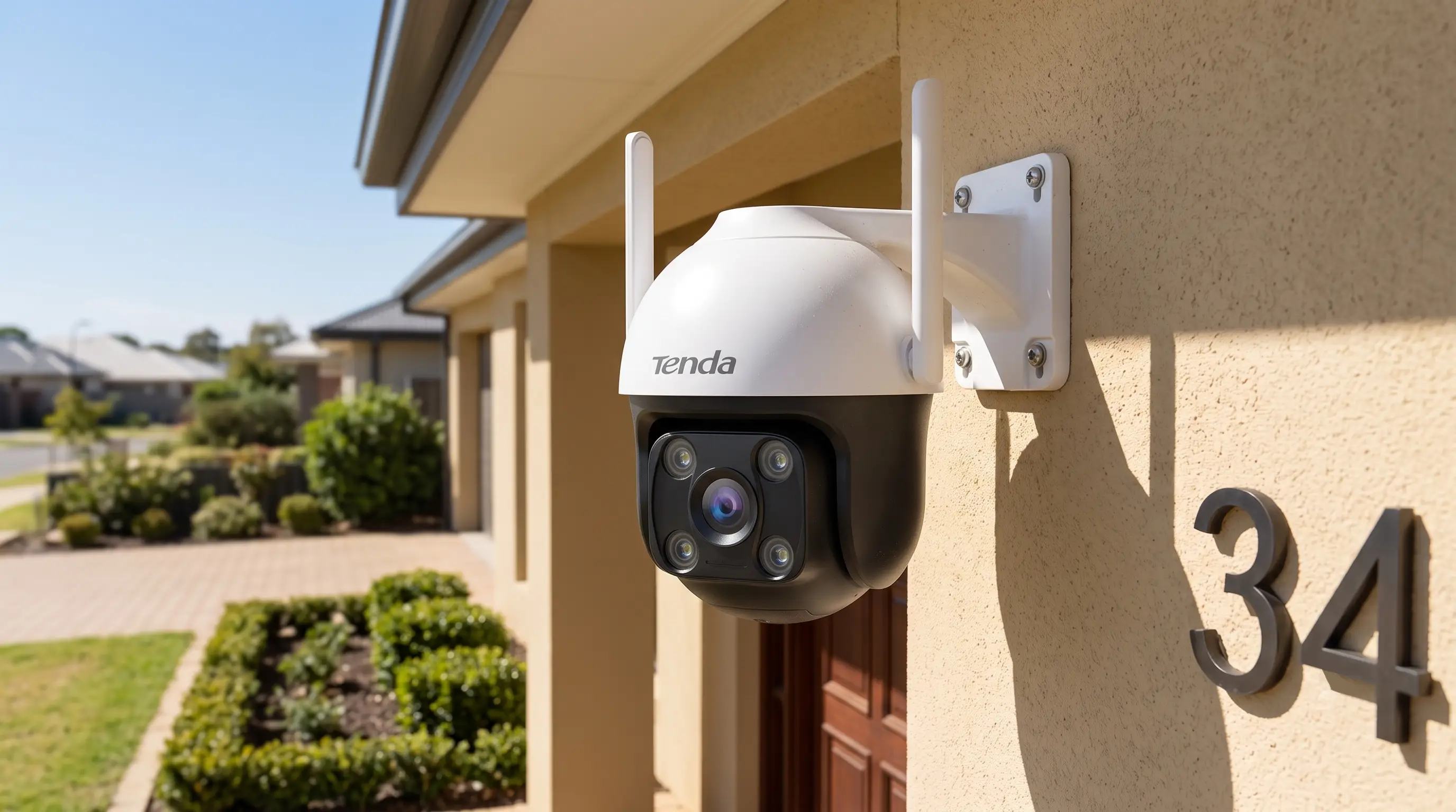 Cámara WiFi 360 pan-tilt vigilando el frente de una casa, vista en la app del celular