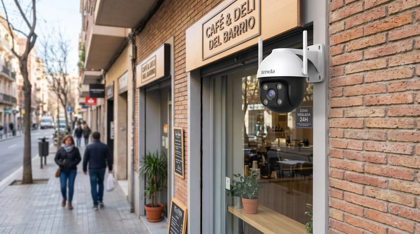 Cámara de seguridad IP tipo turret instalada en el exterior de un local comercial