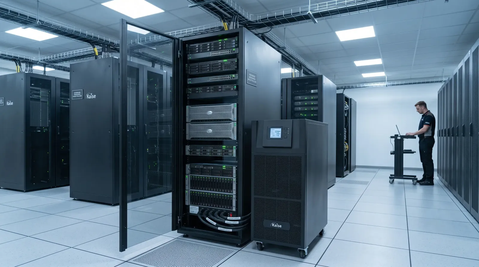 UPS Kaise online de doble conversión protegiendo un rack de servidores en un datacenter