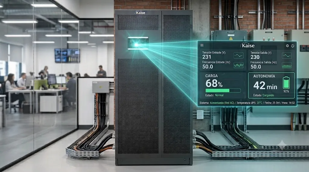 Display de un UPS mostrando tensión, carga y minutos de autonomía en tiempo real