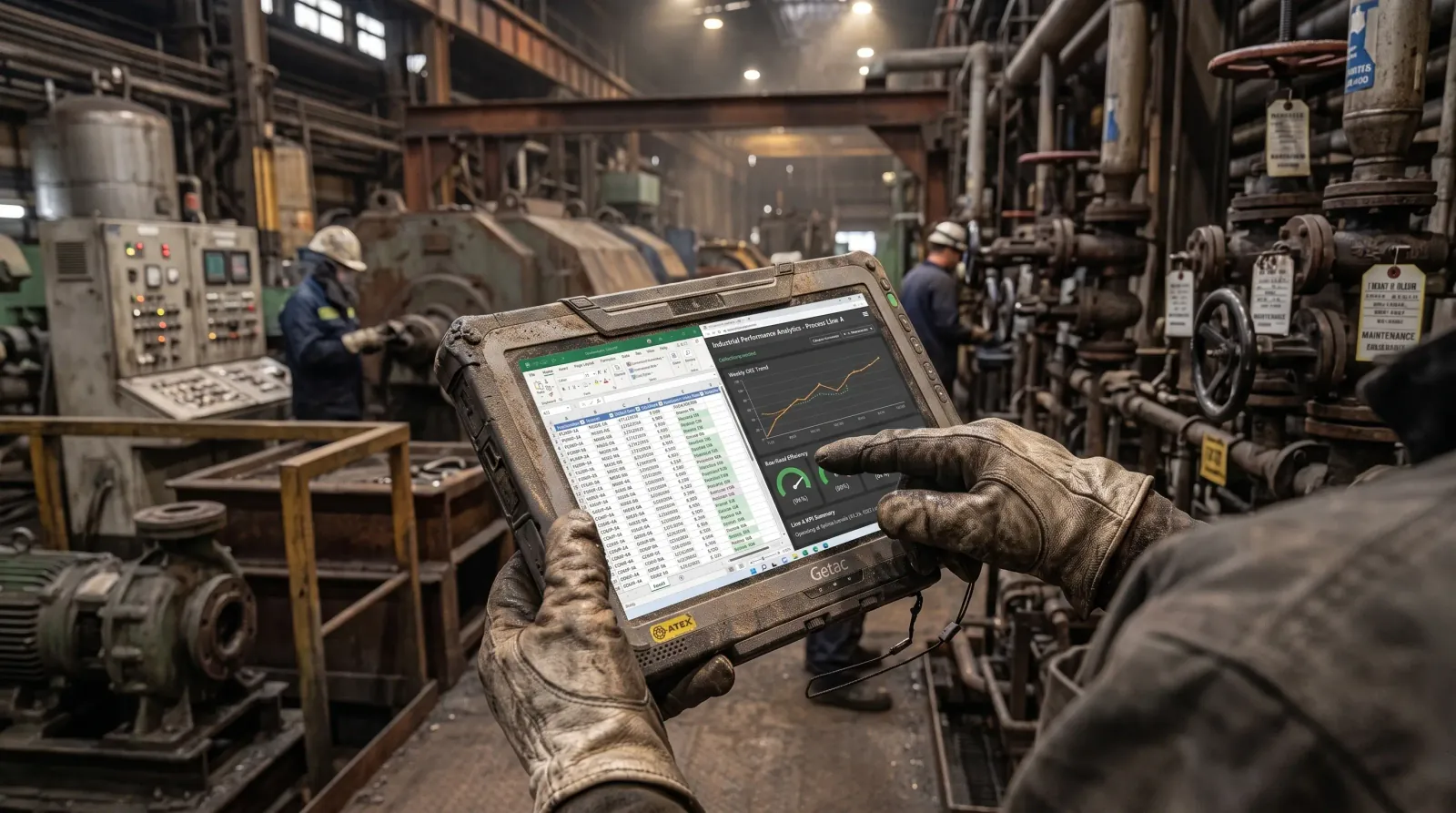 Tablet rugerizada Getac en uso en un entorno industrial con polvo y golpes