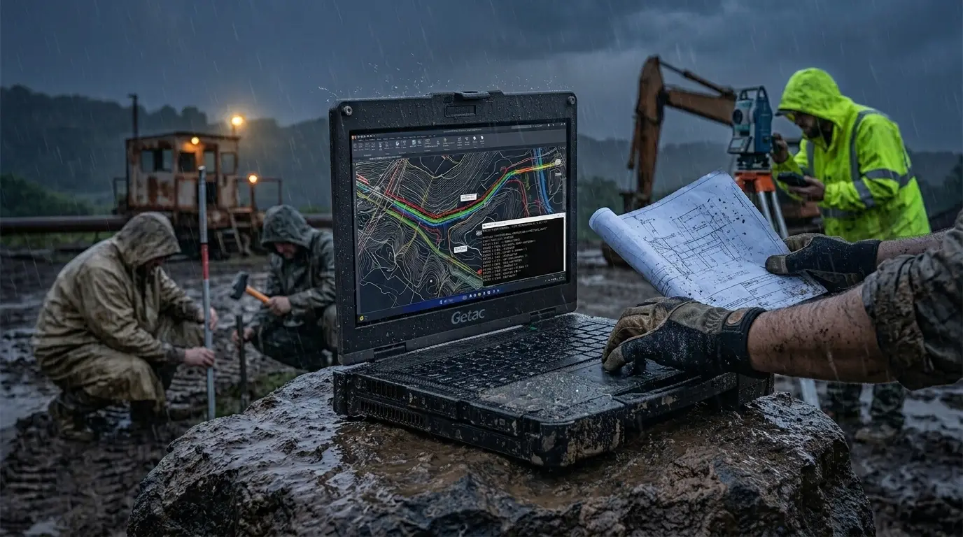 Notebook rugerizada Getac resistiendo agua y polvo en un entorno de campo