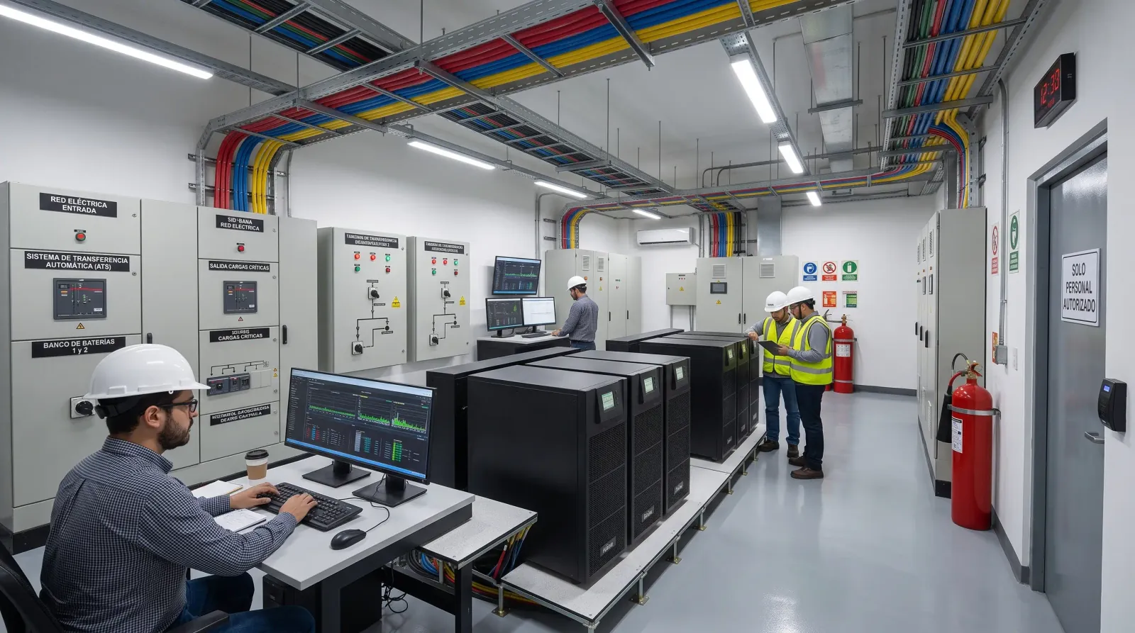 Sala de energía con UPS redundantes y tableros de transferencia para continuidad operativa