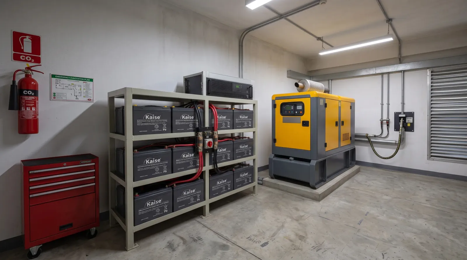 Grupo electrógeno de respaldo junto a un banco de baterías para cortes prolongados