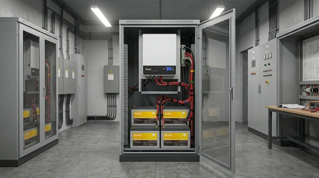 Banco de baterías de litio LiFePO4 rackeables de 48V instalado en un gabinete para respaldo solar