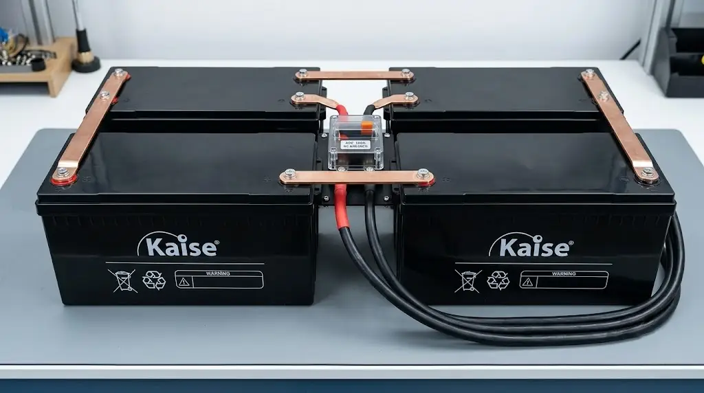 Cuatro baterías de litio de 12V conectadas en serie con puentes para formar un banco de 48V