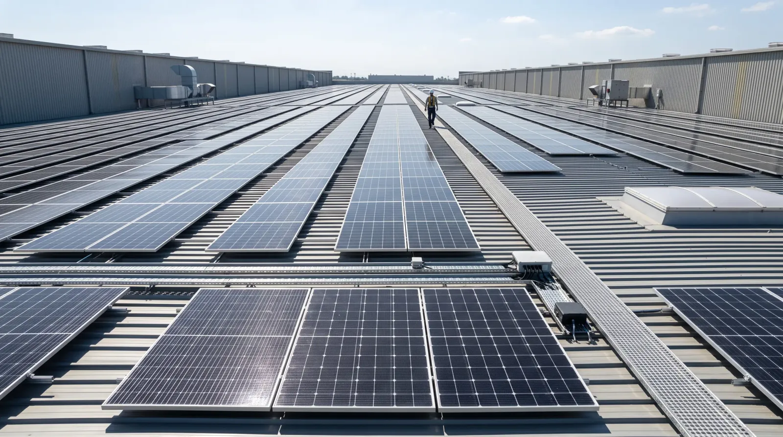 Paneles solares fotovoltaicos instalados en la cubierta de una nave industrial