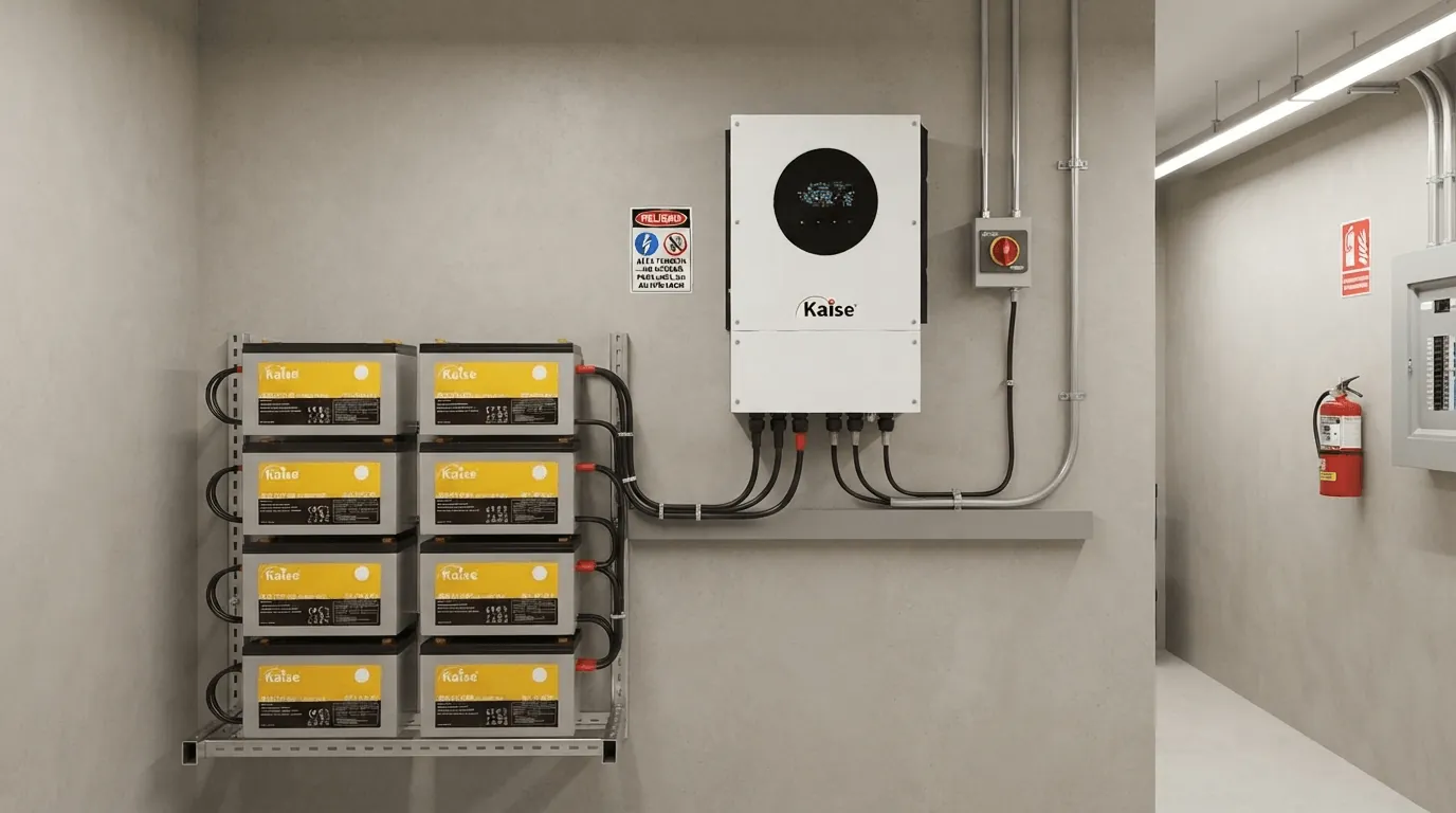 Inversor híbrido y banco de baterías de un sistema solar comercial montados en pared