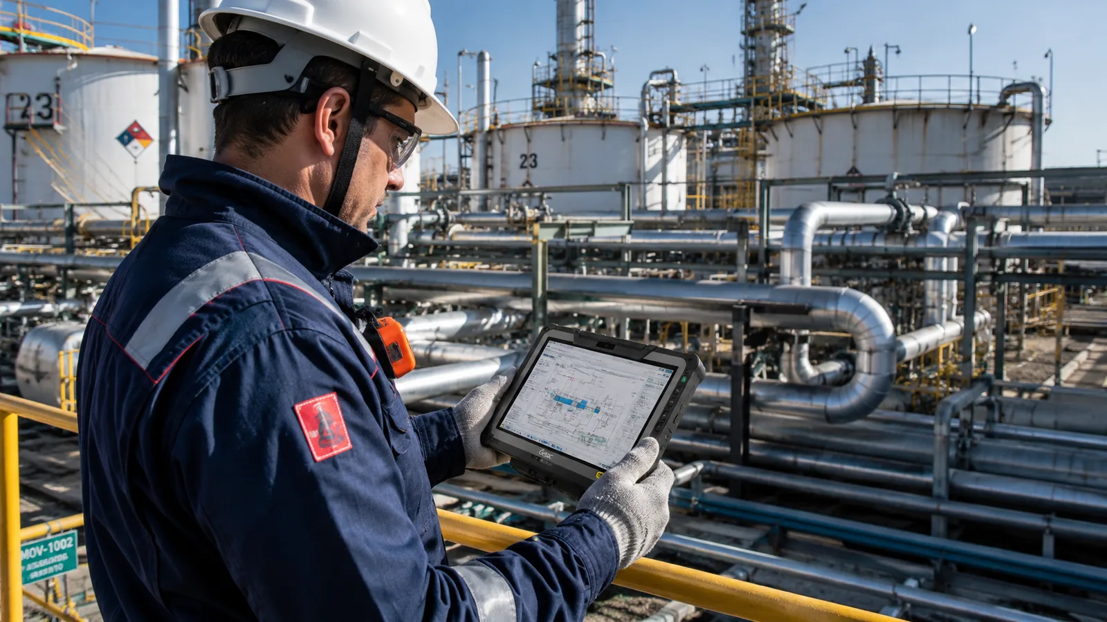 Operario usando una tablet intrínsecamente segura en una planta de petróleo y gas con tanques y cañerías