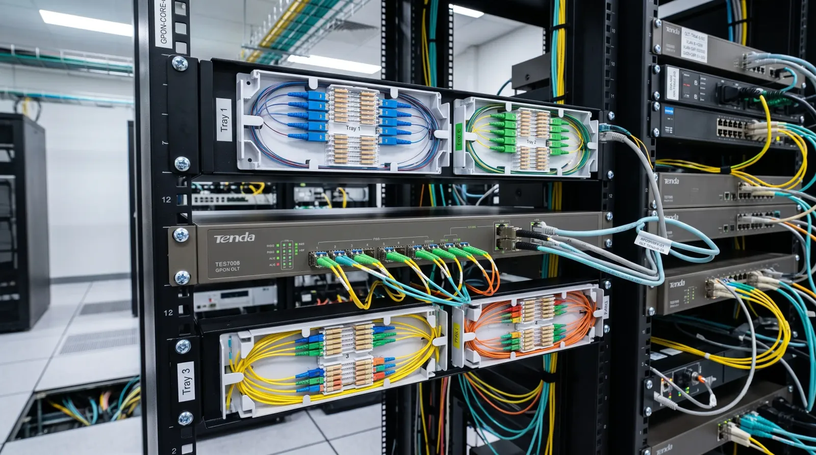 OLT GPON instalada en el rack de la cabecera de un proveedor de internet