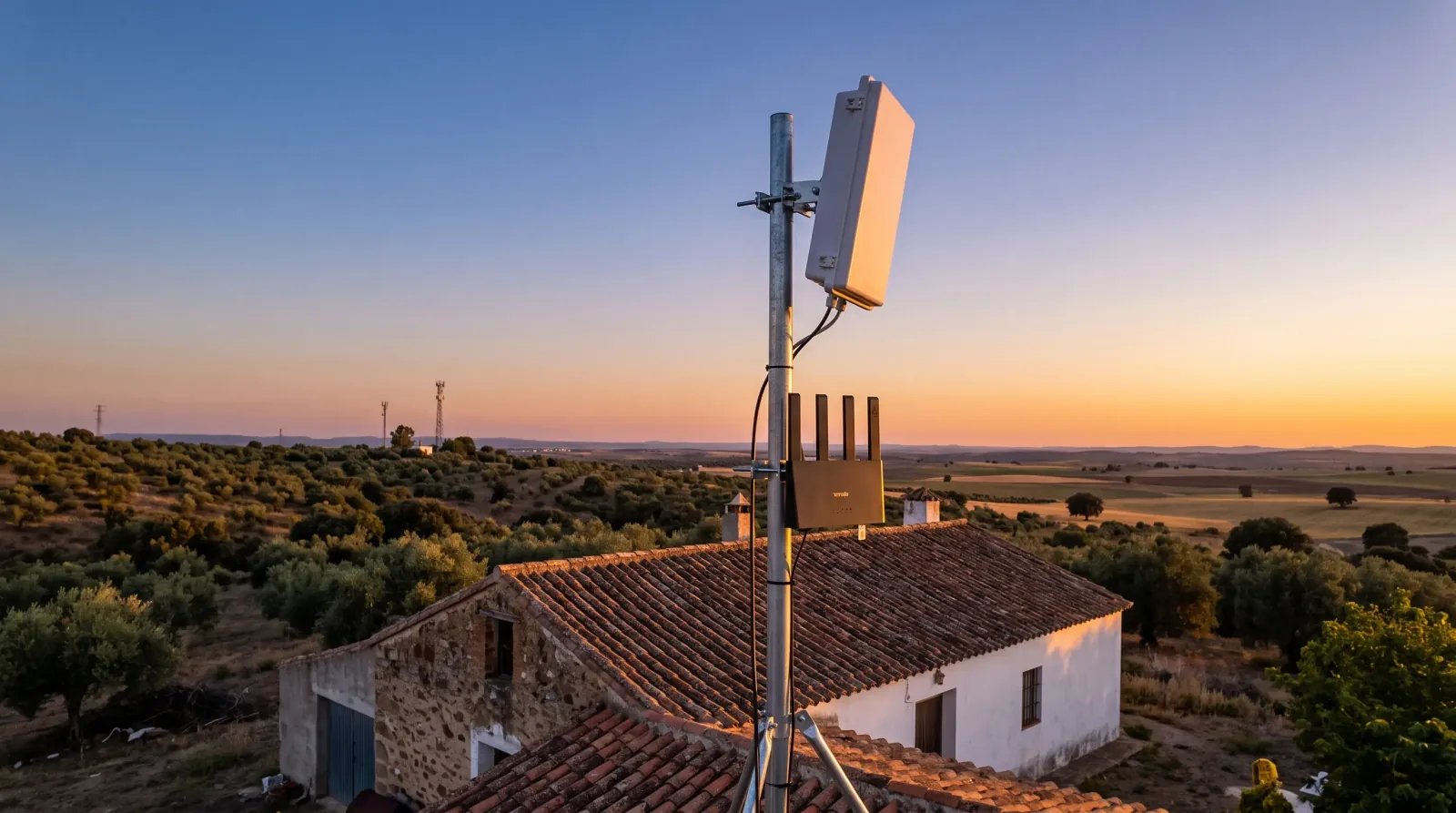 Antena externa 4G montada en un mástil sobre una casa de campo, apuntada a una torre celular lejana
