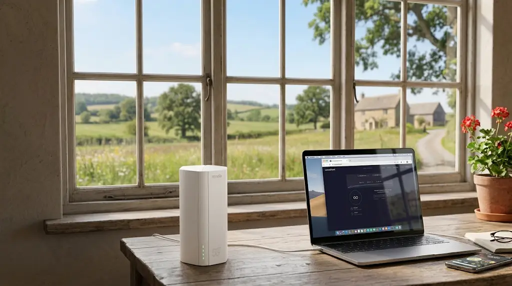 Router 4G con chip dando Wi-Fi dentro de una casa de campo, con notebook y celular conectados