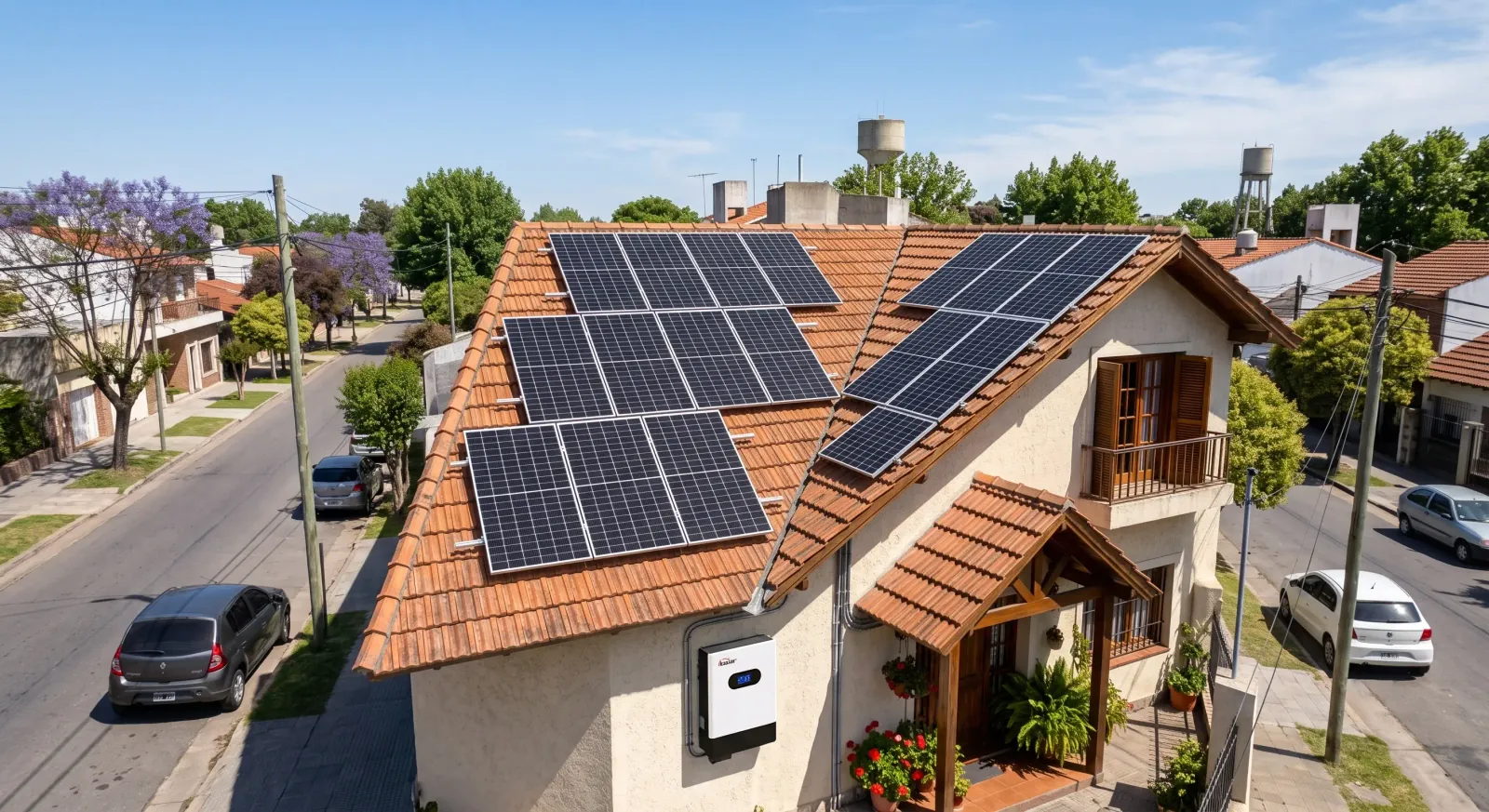Paneles solares instalados en el techo de una casa argentina, con medidor bidireccional