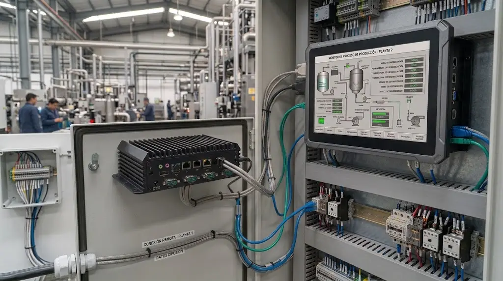 PC industrial fanless montada en un tablero de control en planta
