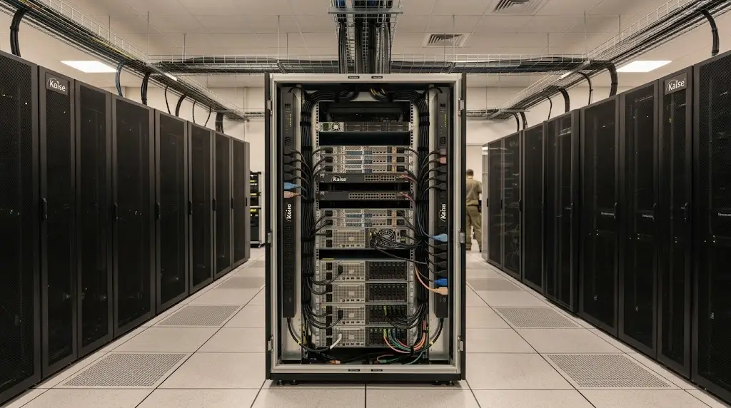 Parte trasera de un rack de servidores con dos PDU verticales A y B y cableado de energía ordenado