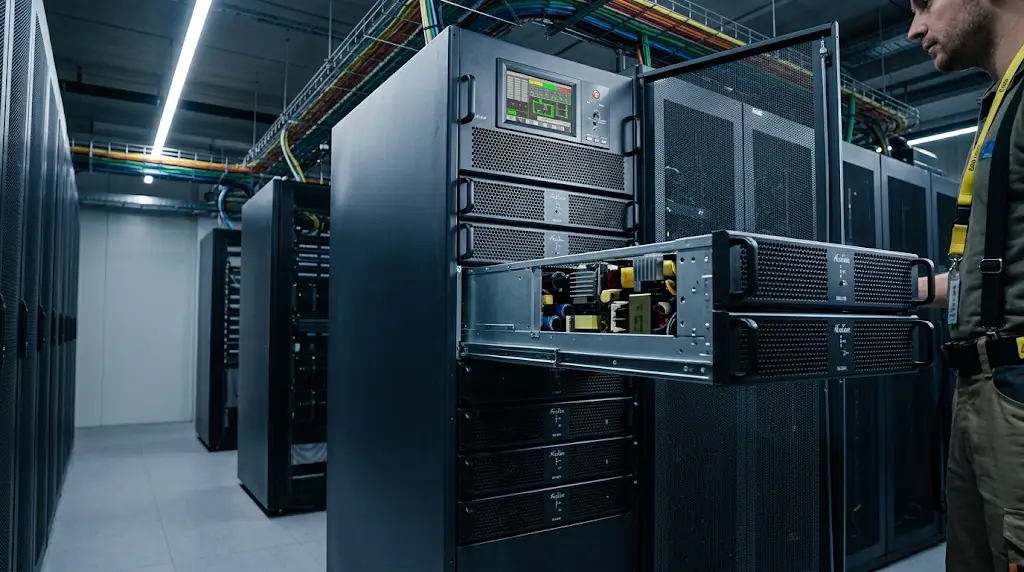 UPS modular de rack con módulos de potencia hot-swap extraíbles en un datacenter