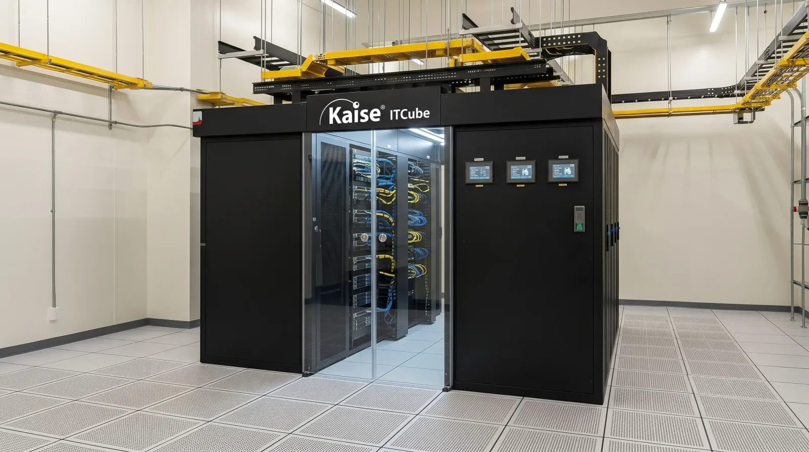 Pasillo frío de un centro de datos con racks de servidores y contención de aire