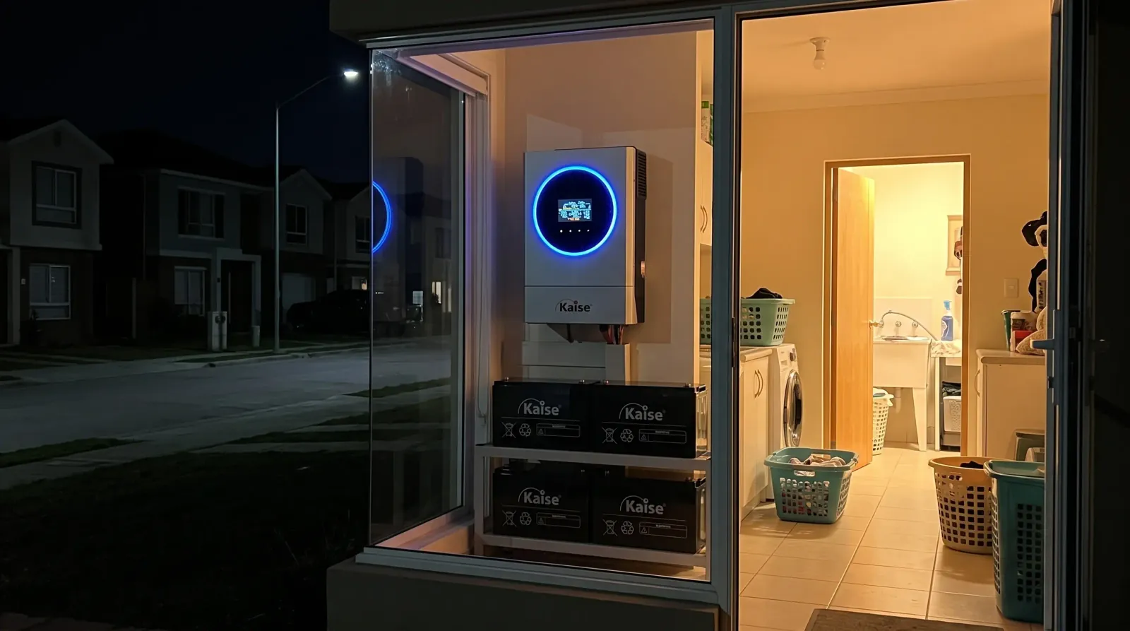 Inversor híbrido con banco de baterías de litio dando respaldo a una casa durante un corte de luz