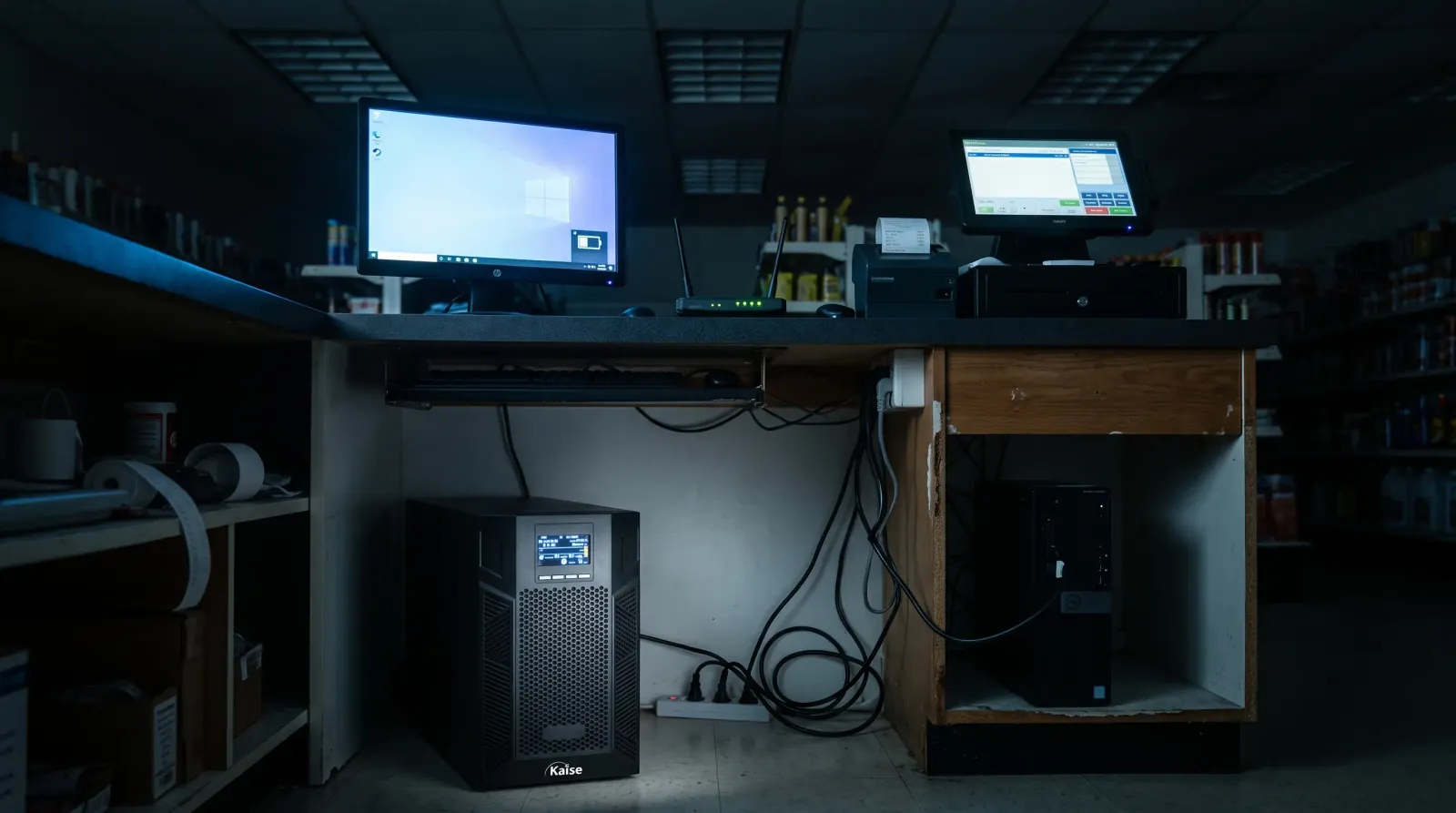 UPS protegiendo una PC, el router y la caja registradora de un comercio durante un microcorte
