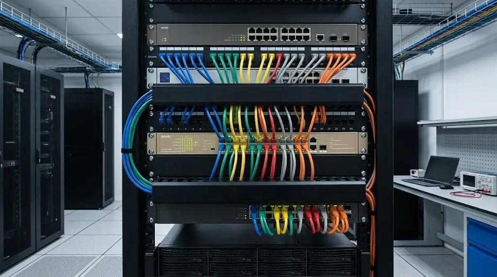 Switch PoE rackeable de 24 puertos en un rack de comunicaciones con cables de red ordenados