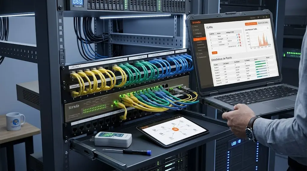 Pantalla de configuración de un switch administrable mostrando VLANs y priorización de tráfico