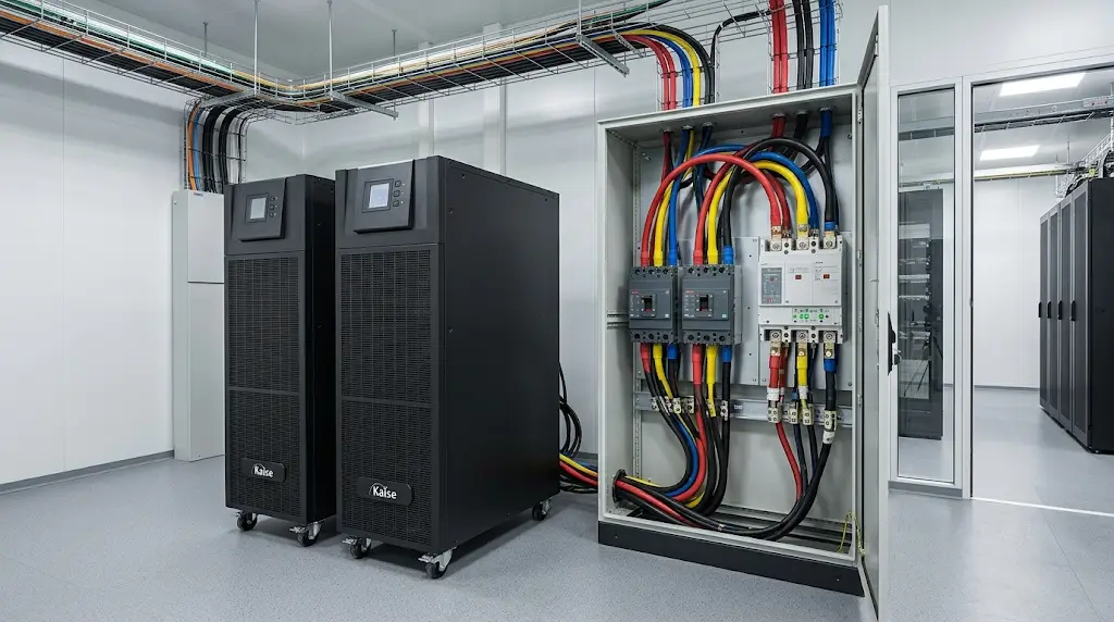 UPS trifásica online instalada en la sala de energía de un datacenter, con tablero trifásico