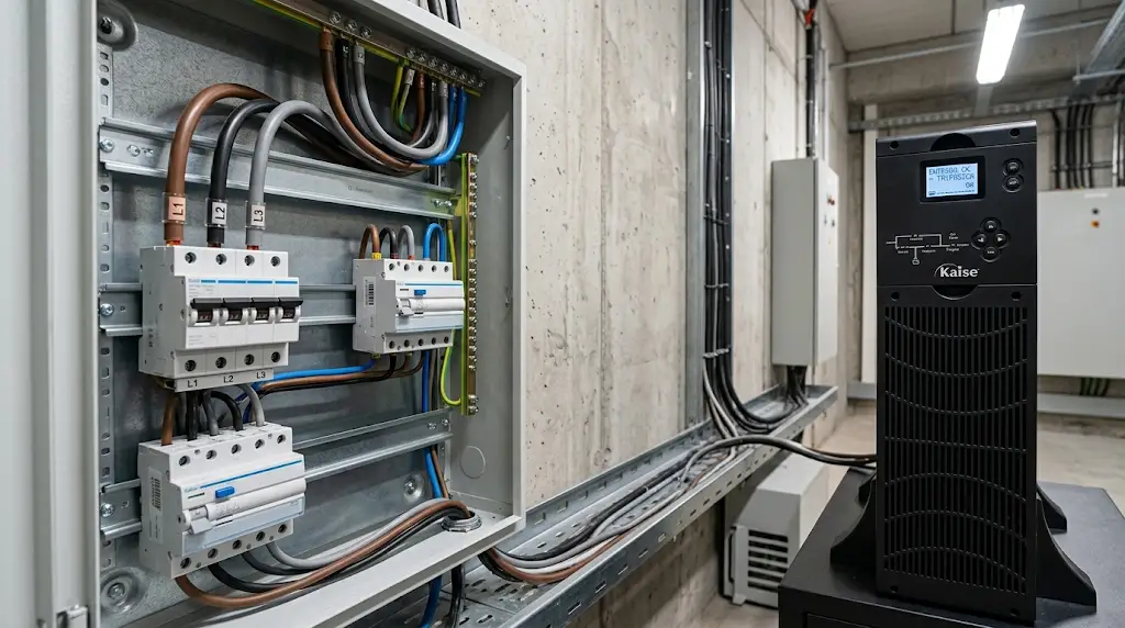Tablero eléctrico trifásico con tres fases identificadas por color alimentando una UPS