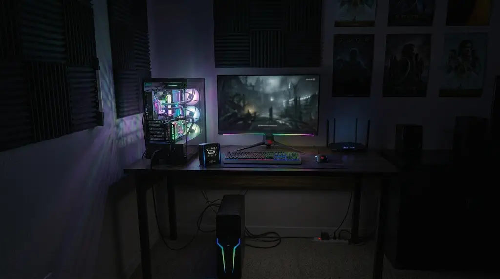 UPS bajo el escritorio protegiendo una PC gamer, monitor, router y módem durante un corte