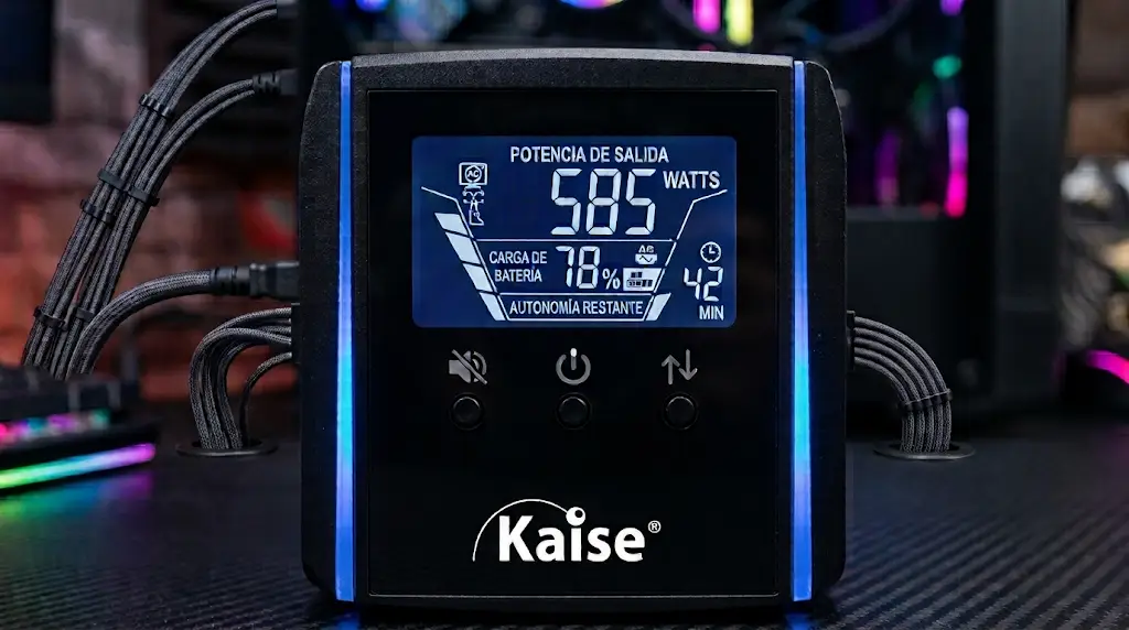 Pantalla LCD de una UPS gamer mostrando carga en watts y minutos de autonomía